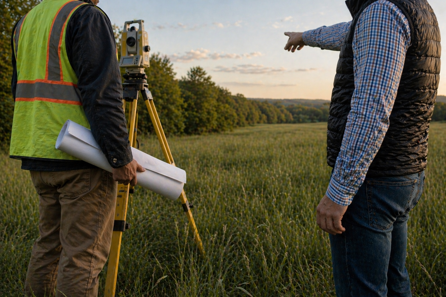 Surveyor with a tripod-mounted total station beside a man with rolled site plans, working an East Tennessee field at golden hour