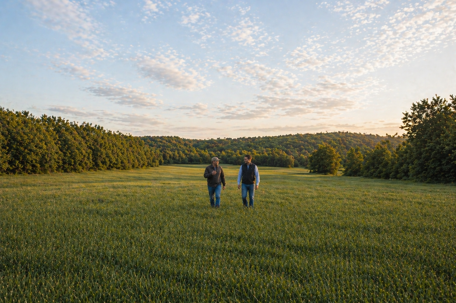 Two men walking through a wide East Tennessee meadow at golden hour, rolling tree line in the distance